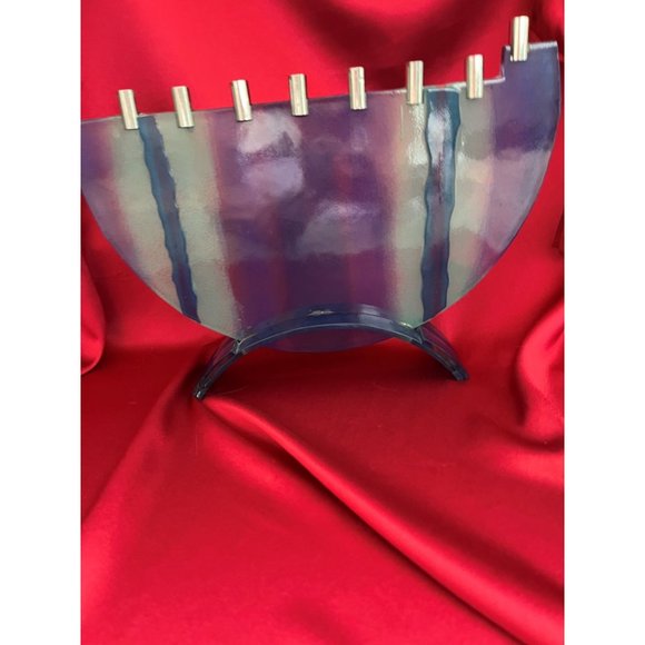 Menorah Modern Art Design of Fused Frosted Glass, Hand Crafted, for Hannukah - Picture 1 of 8